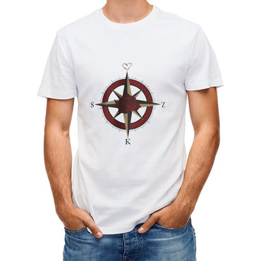Inkmay Casual  Cotton T-shirt Rose Compass Design With Heart Elements Unisex T-shirtFitted Natural T-Shirt