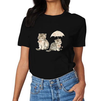 Inkmay Casual  Cotton T-shirt Cute Kittens With Umbrella And Bow Unisex T-shirtSoftstyle Clean Edges T-Shirt