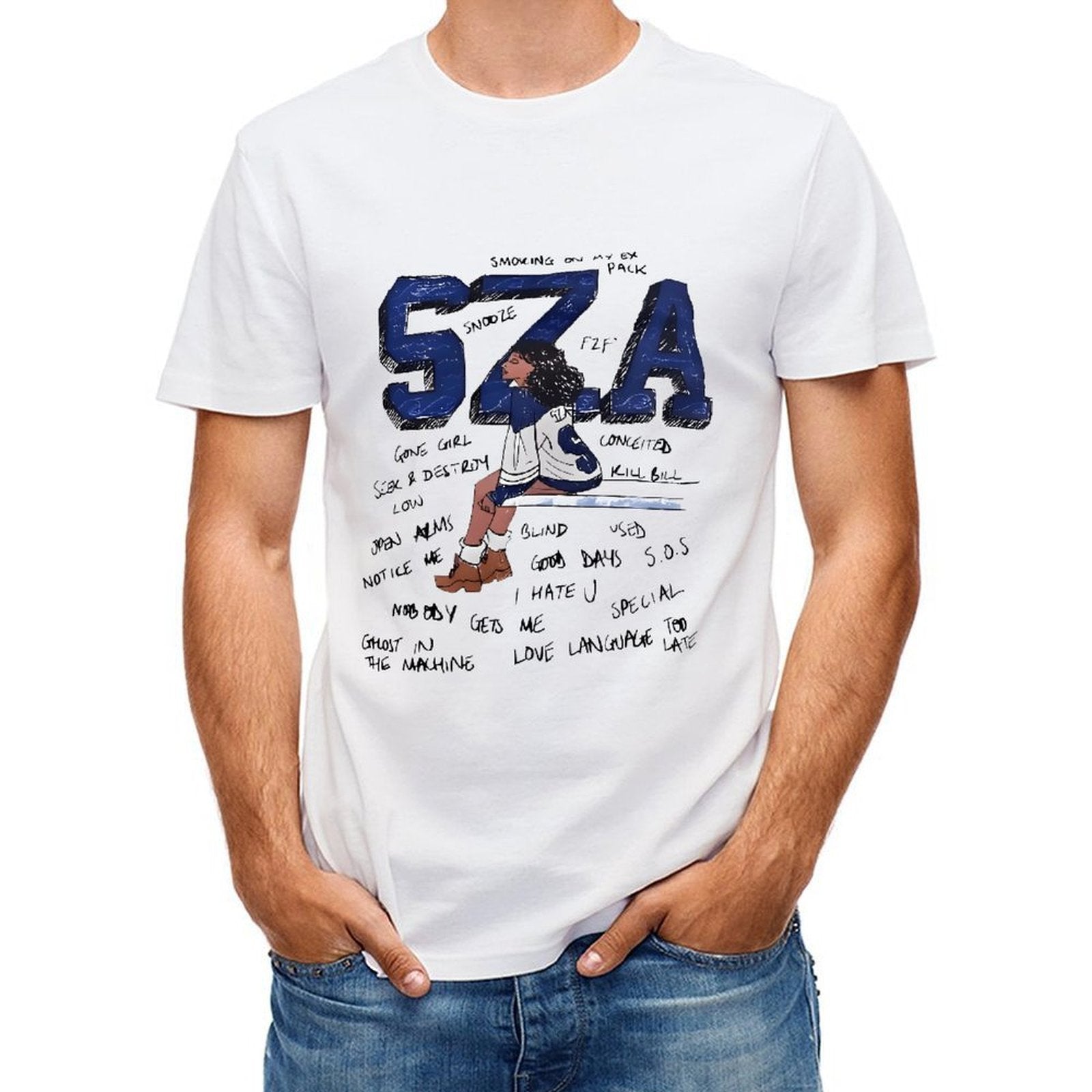 Inkmay Casual Cotton T-shirt Stylized Artwork Featuring Sza In Sports Unisex T-shirtCrewneck Weekend T-Shirt