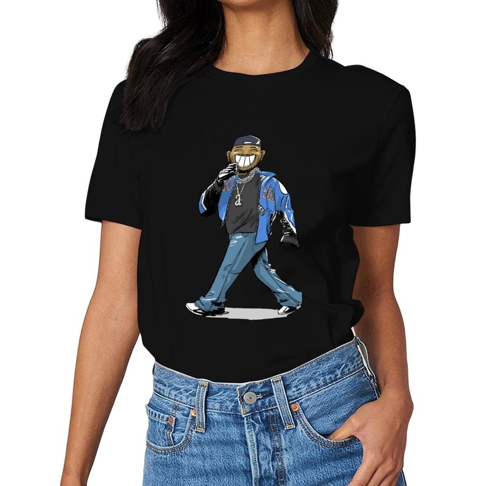 Inkmay Casual Cotton T-shirt Cartoon Character Wearing Blue Jacket Pants Unisex T-shirtStreet Fitted T-Shirt