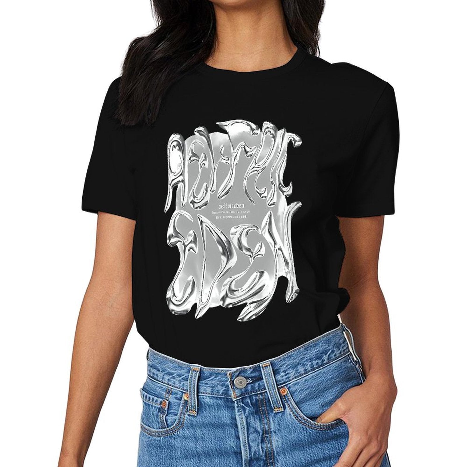 Inkmay Casual Cotton T-shirt Abstract Silver Flame Design Artwork Print Unisex T-shirtStreetStyle Batch-Printed T-Shirt