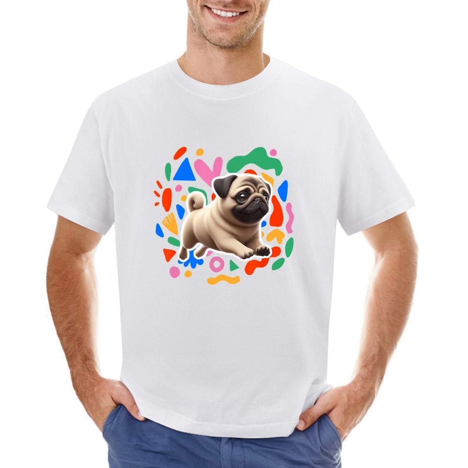 Inkmay Casual  Cotton T-shirt Colorful Geometric Shapes With Pug Dog Unisex T-shirtOversized Heritage T-Shirt