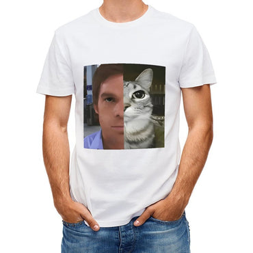 Inkmay Casual  Cotton T-shirt Man And Cat Face Split Unisex T-shirtSignature Bold T-Shirt
