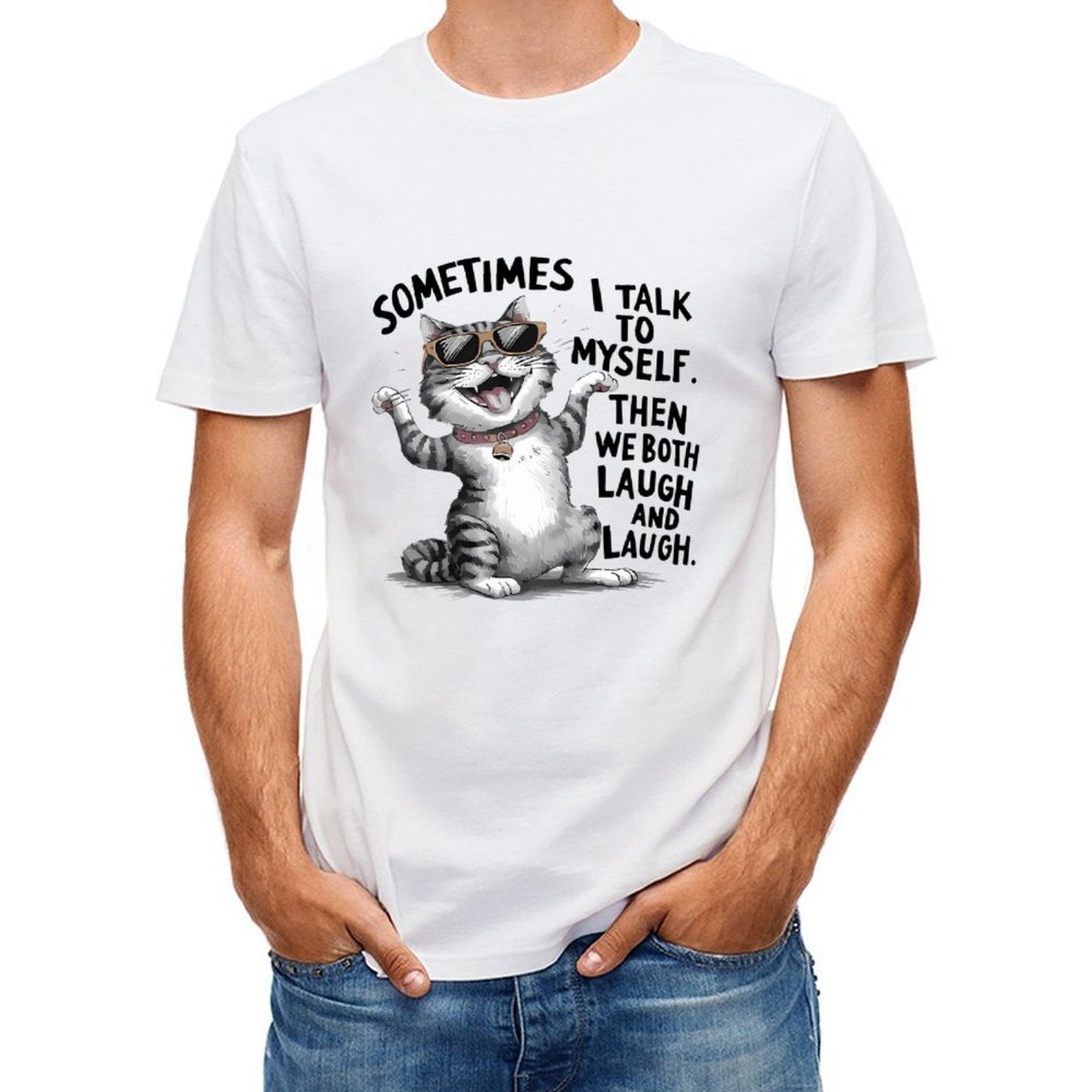 Inkmay Casual Cotton T-shirt Cool Cat Wearing Sunglasses And Collar Unisex T-shirtPure Midweight T-Shirt