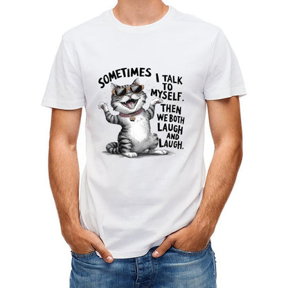 Inkmay Casual Cotton T-shirt Cool Cat Wearing Sunglasses And Collar Unisex T-shirtPure Midweight T-Shirt