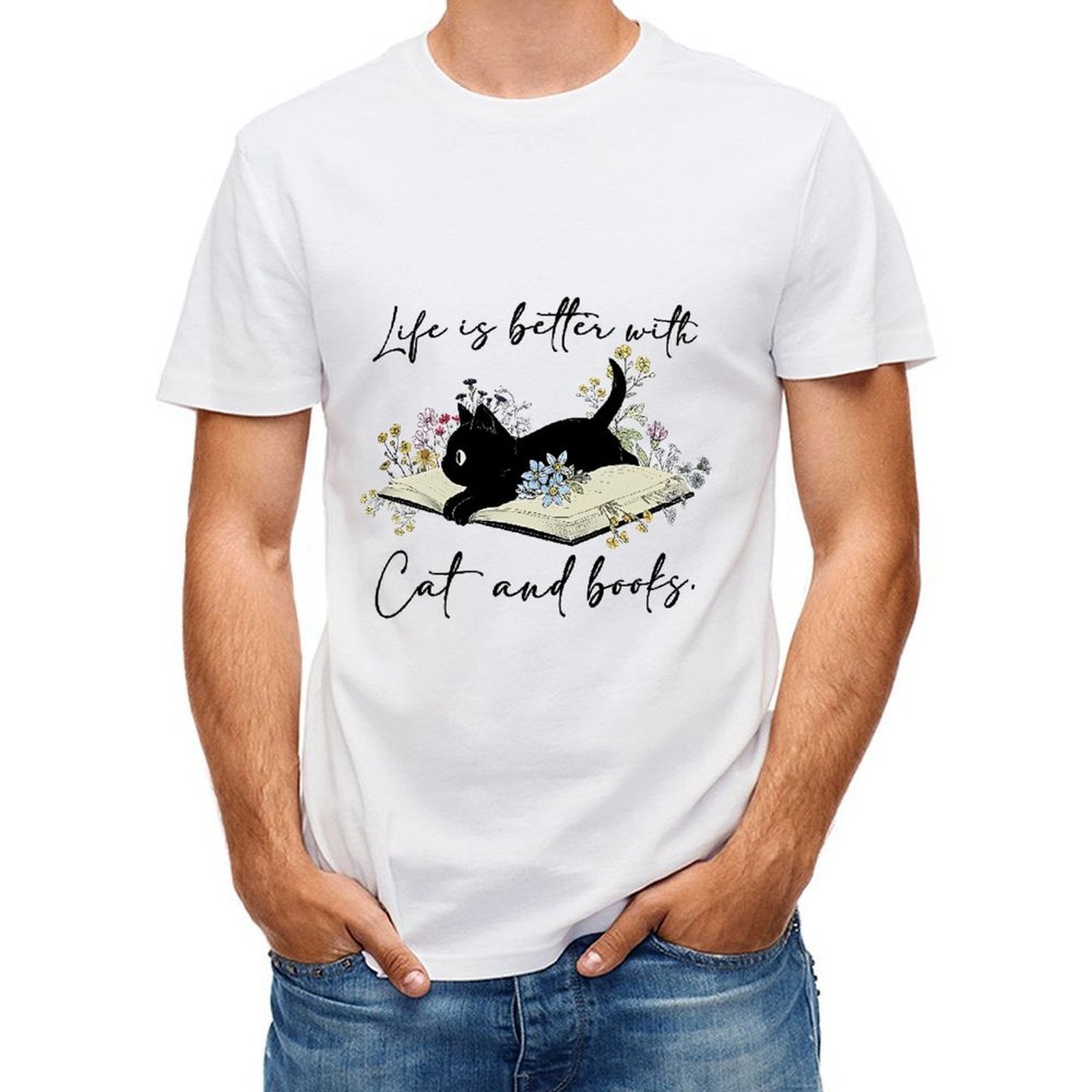 Inkmay Casual Cotton T-shirt Cat Reading Book Among Flowers Art Unisex T-shirtStandard Pure T-Shirt