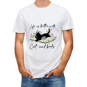 Inkmay Casual Cotton T-shirt Cat Reading Book Among Flowers Art Unisex T-shirtStandard Pure T-Shirt