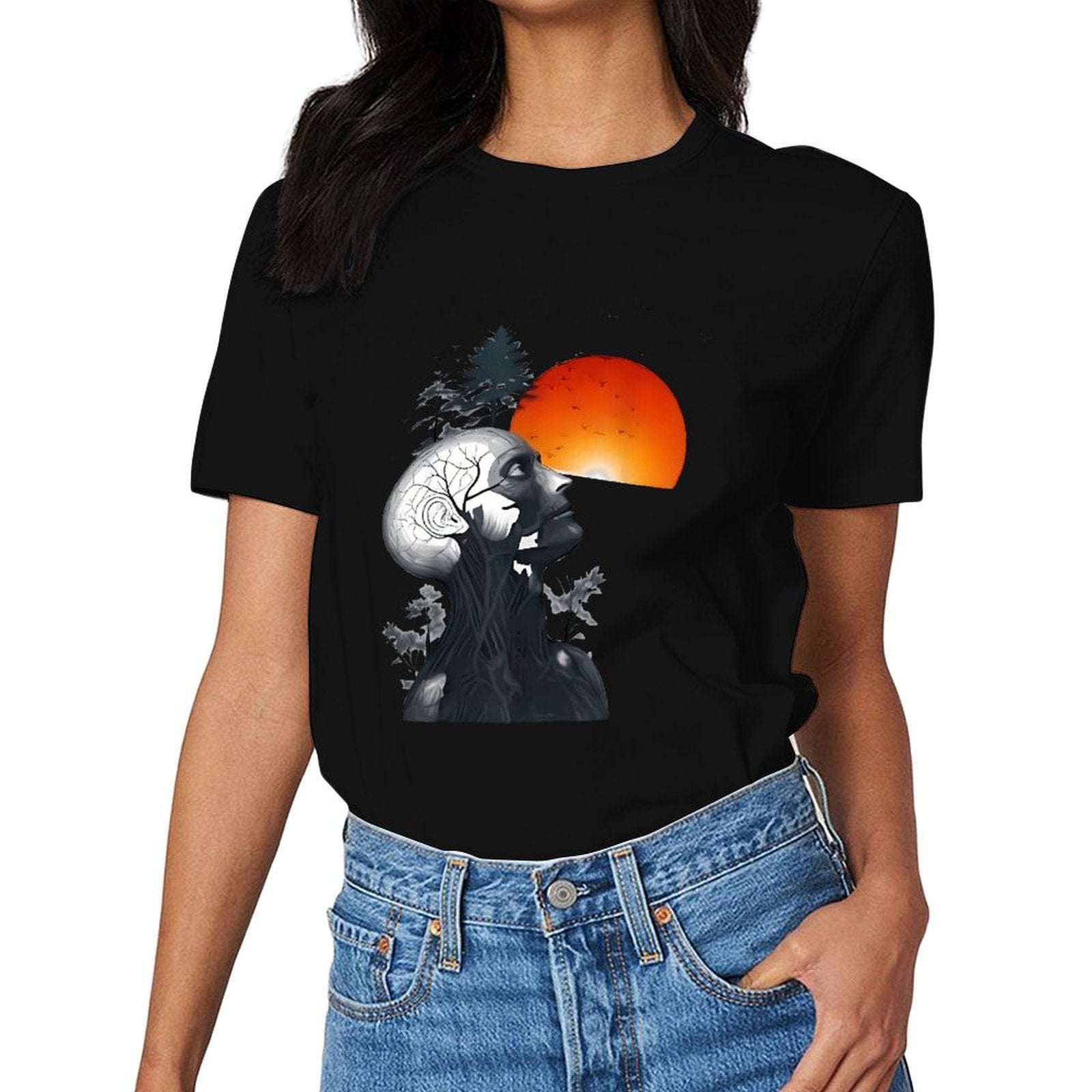 Inkmay Casual  Cotton T-shirt Abstract Human Head With Nature Elements Unisex T-shirtFresh Wrinkle-Free T-Shirt