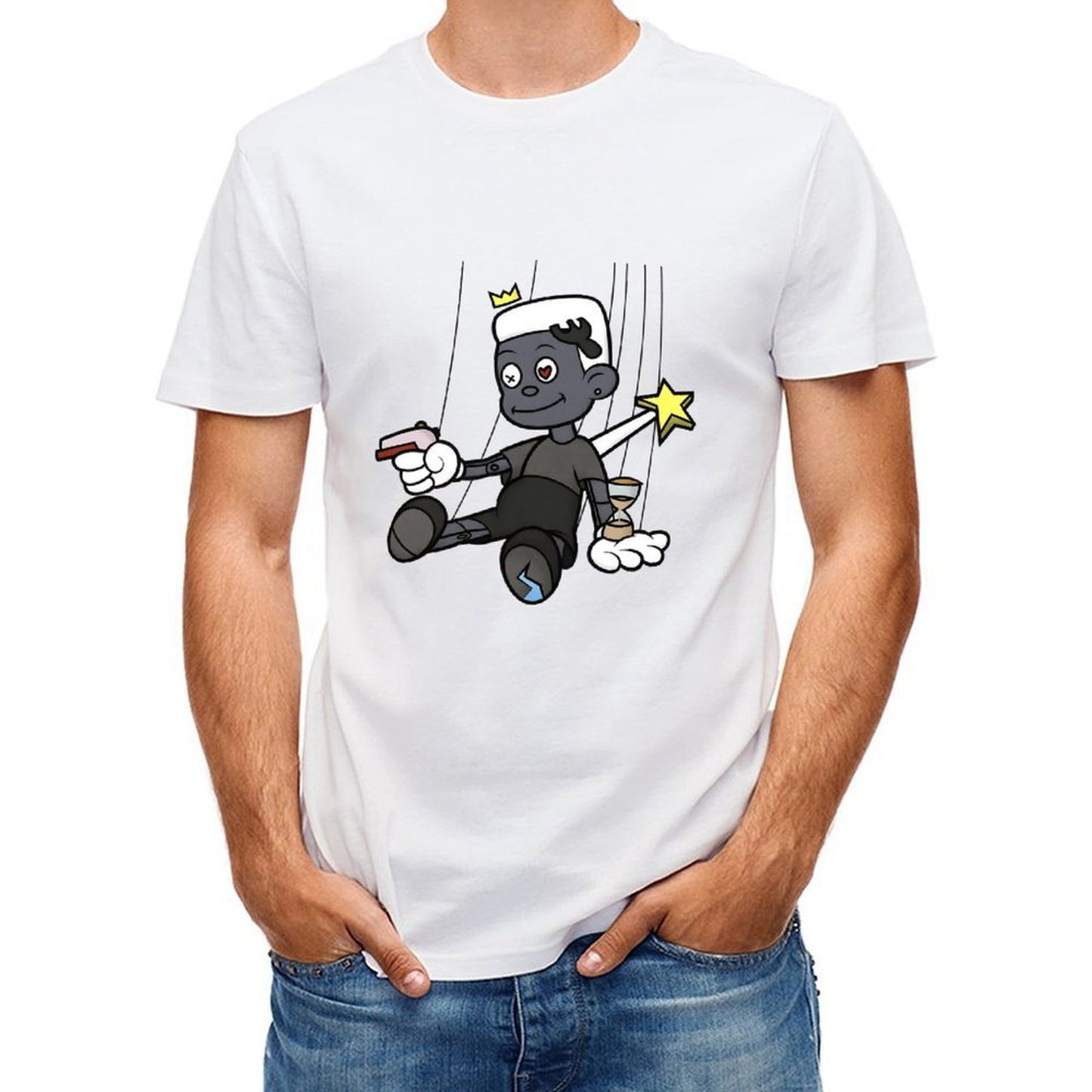 Inkmay Casual Cotton T-shirt Cartoon Puppet Holding Gun And Star Unisex T-shirt