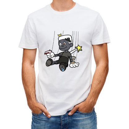 Inkmay Casual Cotton T-shirt Cartoon Puppet Holding Gun And Star Unisex T-shirt