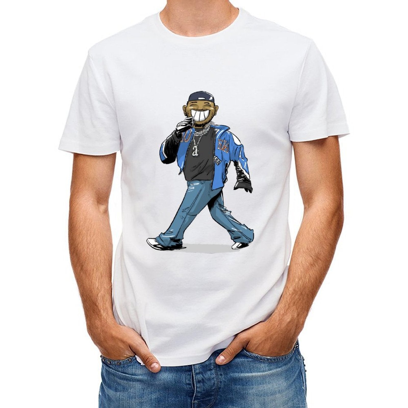 Inkmay Casual Cotton T-shirt Cartoon Character Wearing Blue Jacket And Unisex T-shirtStudio Tear-Resistant T-Shirt