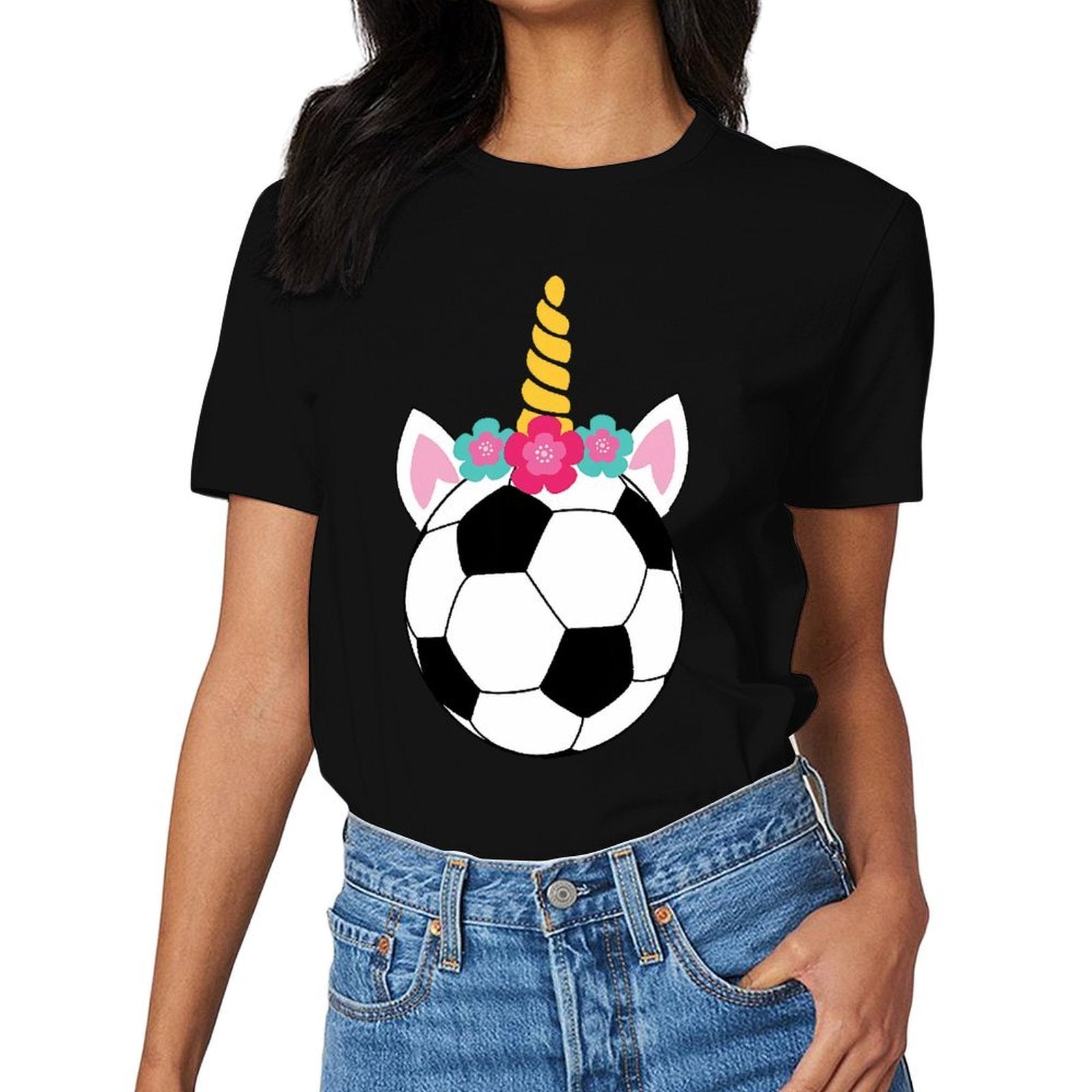 Inkmay Casual  Cotton T-shirt Soccer Ball With Unicorn Horn Flowers Unisex T-shirtDaily LooseFit T-Shirt