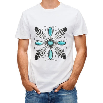 Inkmay Casual Cotton T-shirt Feather And Gemstone Pattern Design Artwork Unisex T-shirt