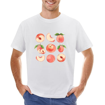 Inkmay Casual  Cotton T-shirt Peaches Slices And Leaves Pattern Design Unisex T-shirtMidweight ClassicStyle T-Shirt