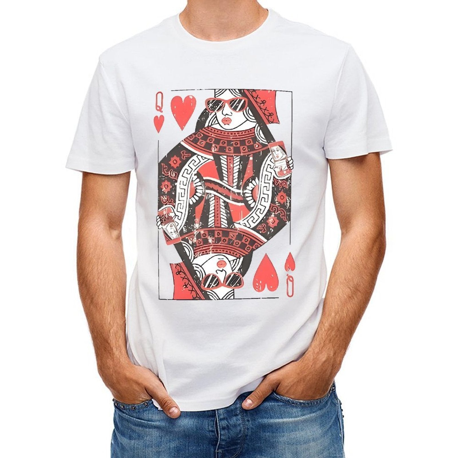 Inkmay Casual  Cotton T-shirt Queen Of Hearts Playing Card Design Unisex T-shirtTear-Resistant EasyWear T-Shirt