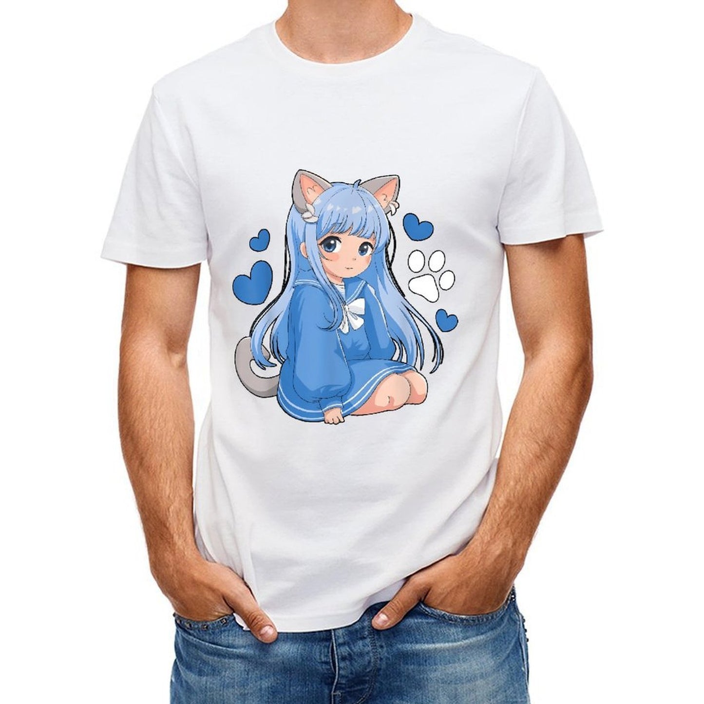Inkmay Casual Cotton T-shirt Blue Cat Girl With Hearts Unisex T-shirtEdition EverydaySeries T-Shirt