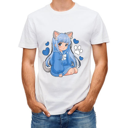Inkmay Casual Cotton T-shirt Blue Cat Girl With Hearts Unisex T-shirtEdition EverydaySeries T-Shirt