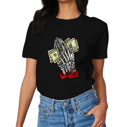 Inkmay Casual  Cotton T-shirt Skeleton Hand Holding Money Bills Art Unisex T-shirtBreathable EverydayTee T-Shirt