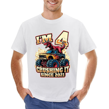 Inkmay Casual  Cotton T-shirt Dinosaur Riding Monster Truck Crushing It Unisex T-shirtClassic SoftWear T-Shirt