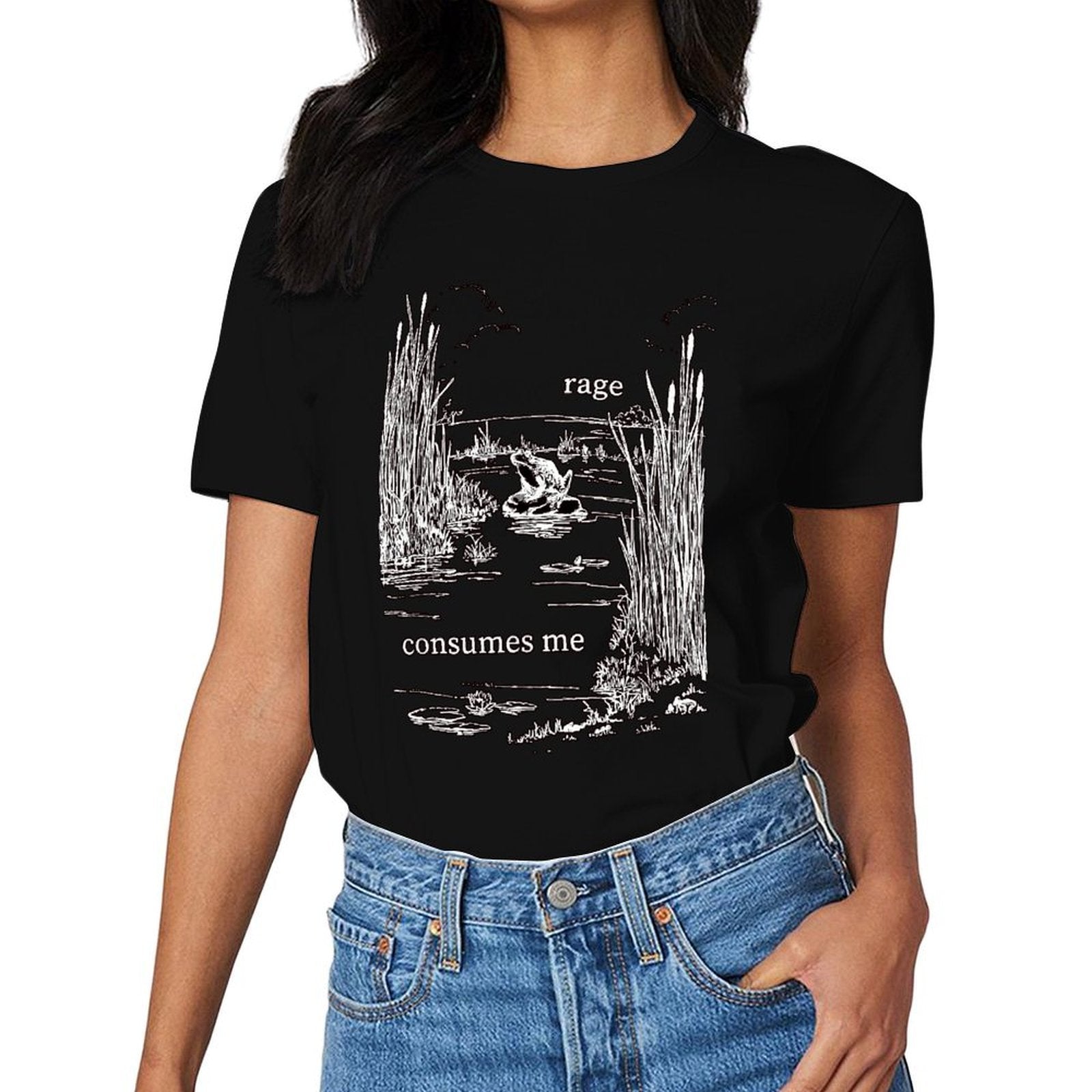 Inkmay Casual Cotton T-shirt Angry Frog Amidst Reeds And Water Unisex T-shirtClassicLine Crew Neck T-Shirt