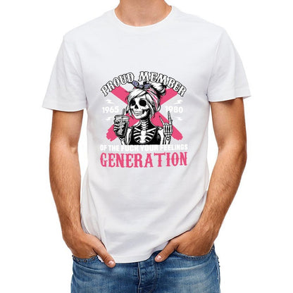 Inkmay Casual Cotton T-shirt Proud Member Skeleton Girl Pink Background Unisex T-shirtStrong V-Neck T-Shirt