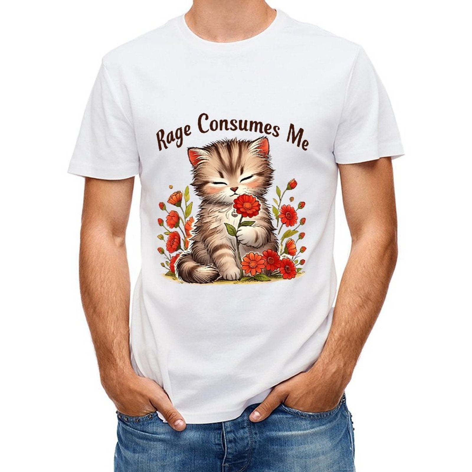 Inkmay Casual  Cotton T-shirt Cute Kitten Among Red Flowers Unisex T-shirtCoreLine StreetStyle T-Shirt