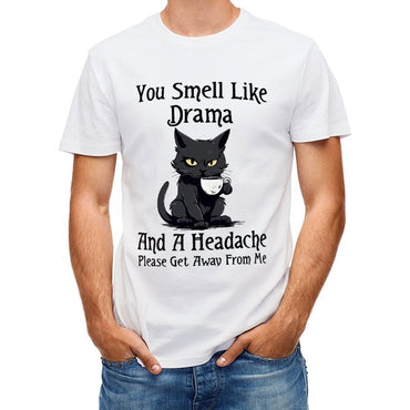 Inkmay Casual  Cotton T-shirt Black Cat Holding White Teacup Unisex T-shirtAllDay Sharp T-Shirt