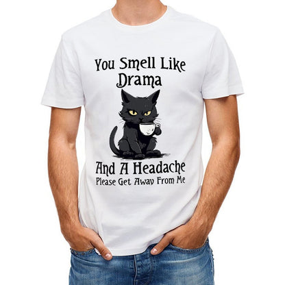 Inkmay Casual  Cotton T-shirt Black Cat Holding White Teacup Unisex T-shirtAllDay Sharp T-Shirt
