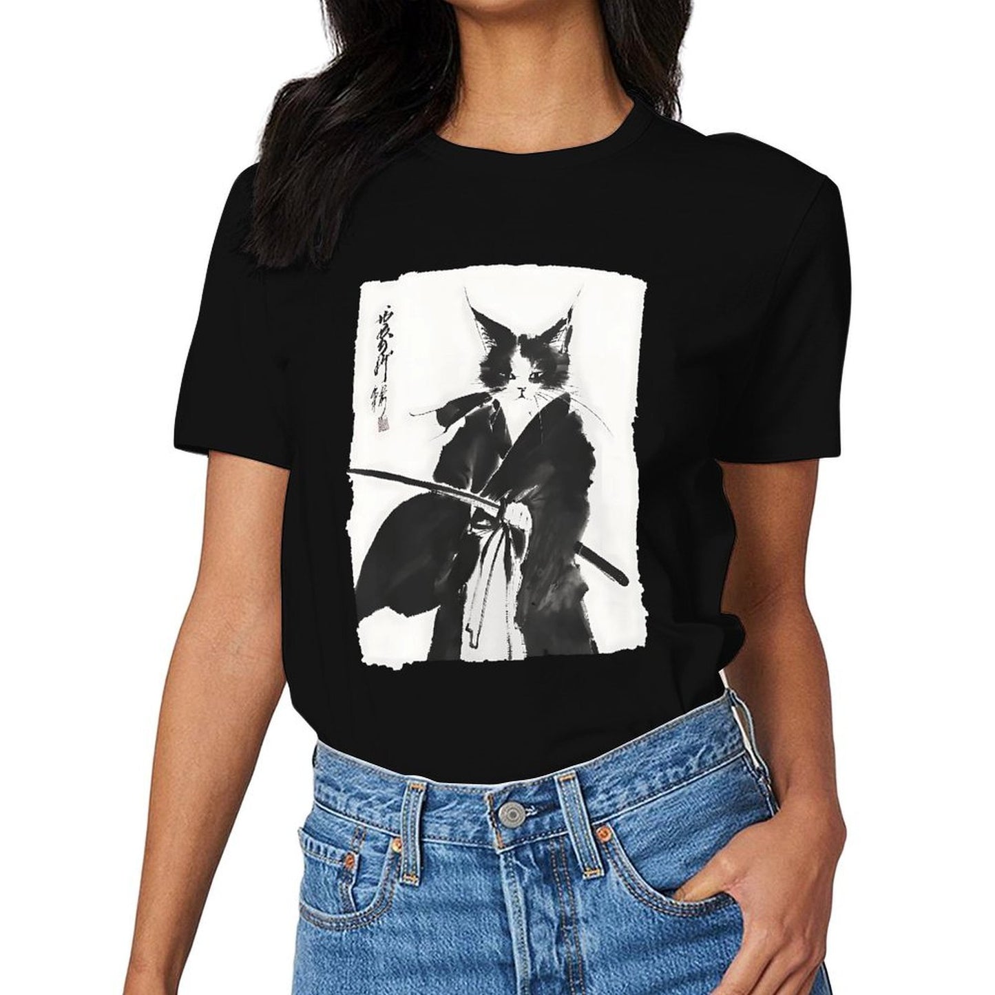 Inkmay Casual Cotton T-shirt Artistic Cat With Samurai Sword Design Unisex T-shirtClassicStyle Vibrant Colors T-Shirt