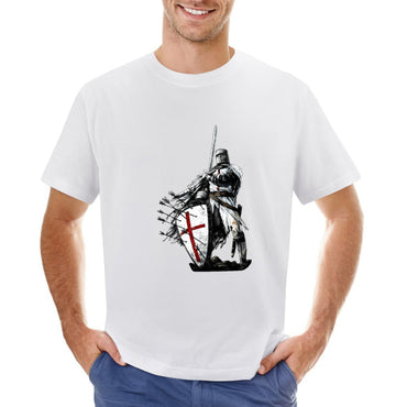 Inkmay Casual  Cotton T-shirt Knight In Armor Holding Shield Sword Unisex T-shirtOn-Demand Batch-Printed T-Shirt