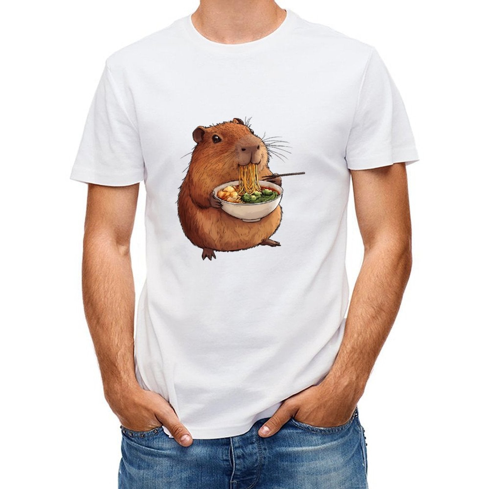 Inkmay Casual  Cotton T-shirt Cute Hamster Eating Noodles With Chopsticks Unisex T-shirtUltra Durable Retro T-Shirt