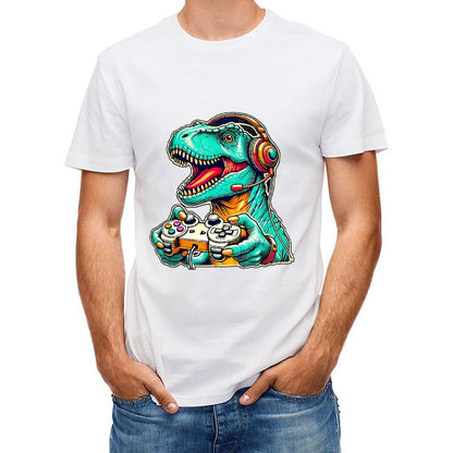 Inkmay Casual Cotton T-shirt Gaming Dinosaur With Headphones And Unisex T-shirtClassic Easy-Care T-Shirt