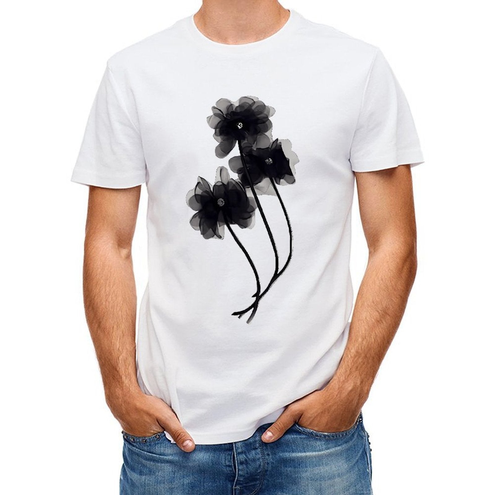 Inkmay Casual Cotton T-shirt Elegant Black And White Floral Design Unisex T-shirtRecycled Urban T-Shirt