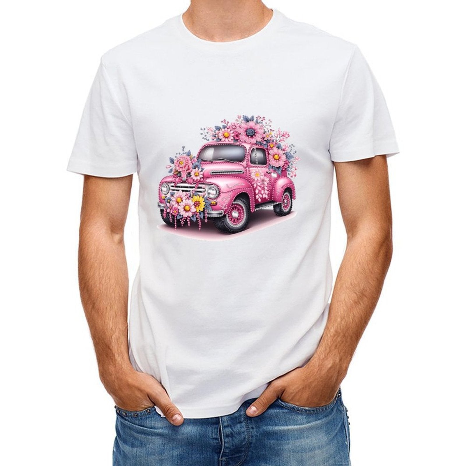 Inkmay Casual Cotton T-shirt Floral Decorated Pink Car Artwork Unisex T-shirtComfort Crisp Print T-Shirt