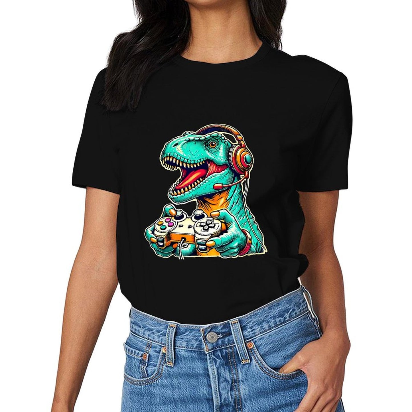 Inkmay Casual Cotton T-shirt Gaming Dinosaur With Headphones And Unisex T-shirtClassic Easy-Care T-Shirt