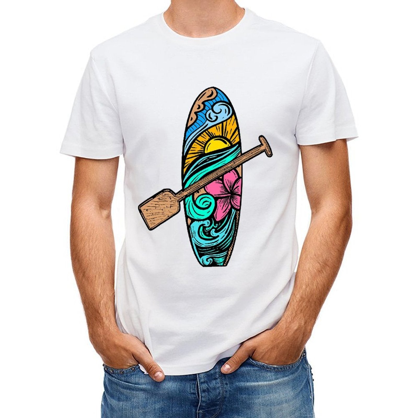 Inkmay Casual Cotton T-shirt Surfboard With Colorful Waves And Unisex T-shirtRelaxed Refined T-Shirt