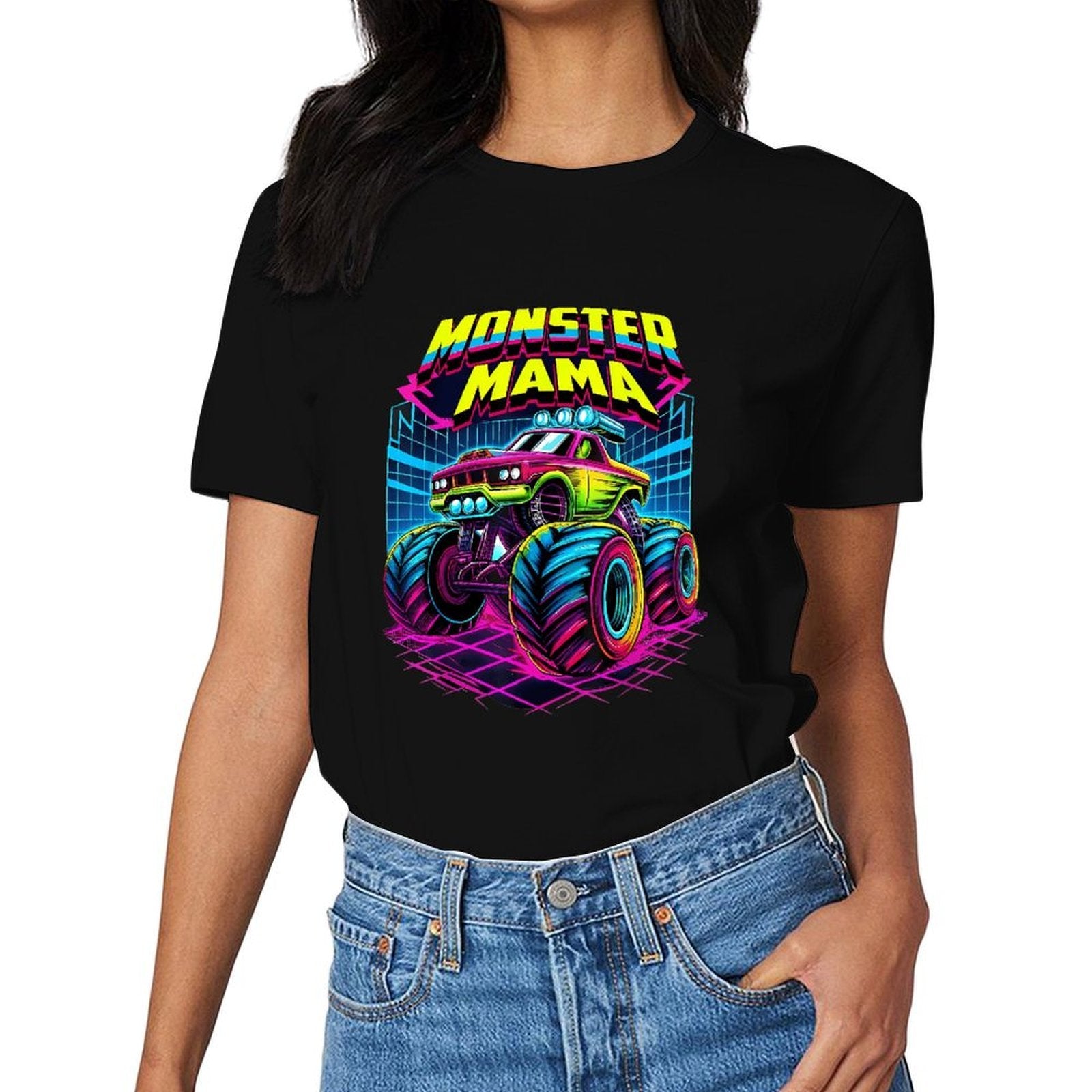 Inkmay Casual Cotton T-shirt Monster Mama Truck With Neon Wheels Unisex T-shirtYearRound ClassicSeries T-Shirt