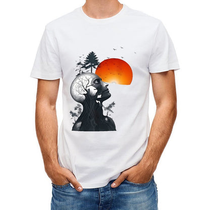 Inkmay Casual  Cotton T-shirt Abstract Human Head With Nature Elements Unisex T-shirtFresh Wrinkle-Free T-Shirt