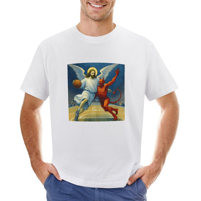 Inkmay Casual  Cotton T-shirt Basketball Jesus Versus Devil On Court Unisex T-shirtEssential Regular T-Shirt