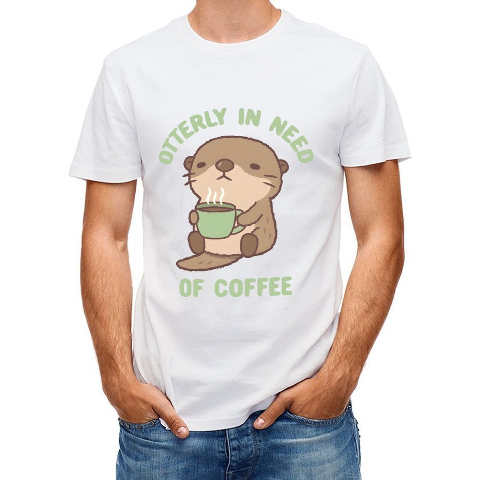 Inkmay Casual  Cotton T-shirt Cute Otter Holding Green Coffee Cup Unisex T-shirtMade-to-Order Essential T-Shirt