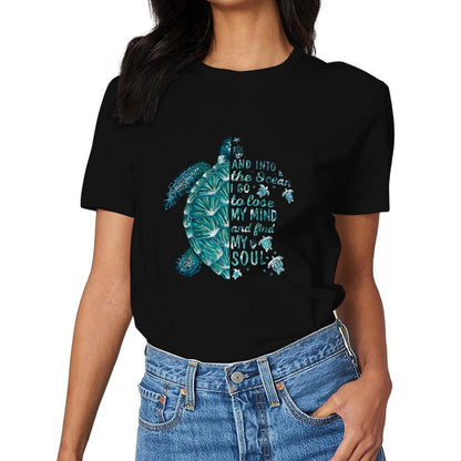 Inkmay Casual Cotton T-shirt Blue Turtle With Glass Beads Unisex T-shirtCrewneck Modern T-Shirt