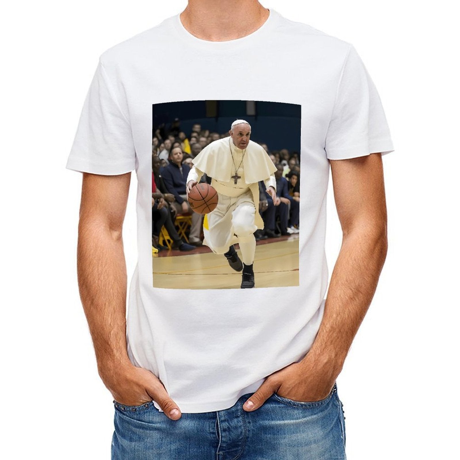 Inkmay Casual Cotton T-shirt Pope Playing Basketball In White Robes Unisex T-shirtSport BasicSeries T-Shirt