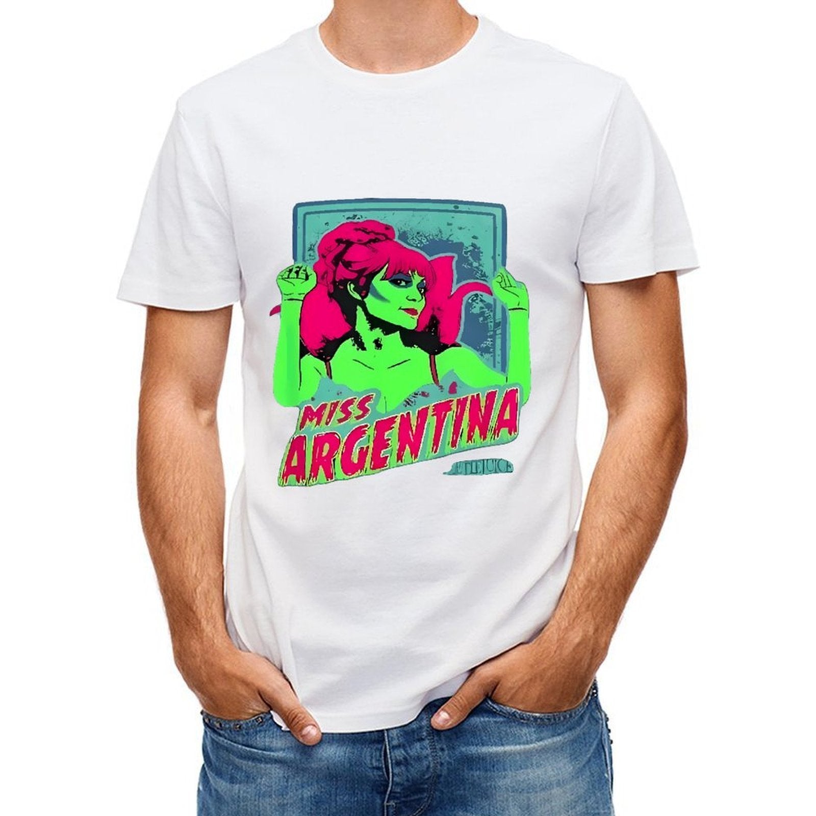 Inkmay Casual Cotton T-shirt Miss Argentina Bright Green Pink Art Unisex T-shirtEssentialFit Printing T-Shirt