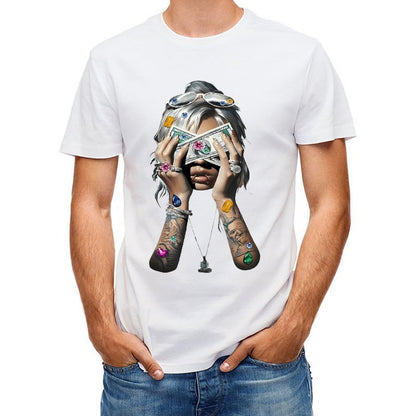 Inkmay Casual Cotton T-shirt Luxury Woman Holding Money With Gems Unisex T-shirtOriginal Chill T-Shirt