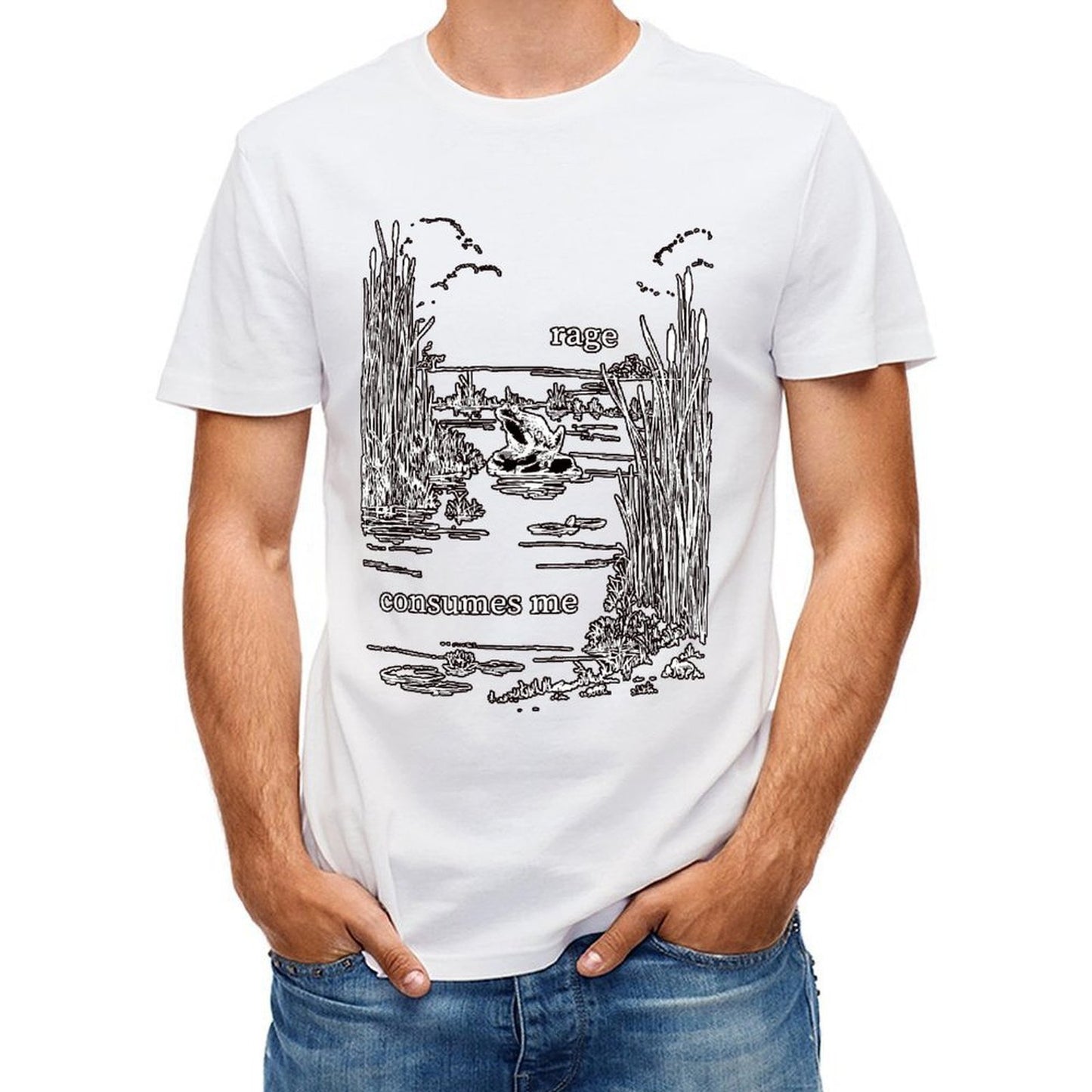 Inkmay Casual Cotton T-shirt Angry Frog Amidst Reeds And Water Unisex T-shirtClassicLine Crew Neck T-Shirt
