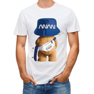 Inkmay Casual Cotton T-shirt Funny Bear Wearing Blue Hat Unisex T-shirtBasicSeries TimelessStyle T-Shirt