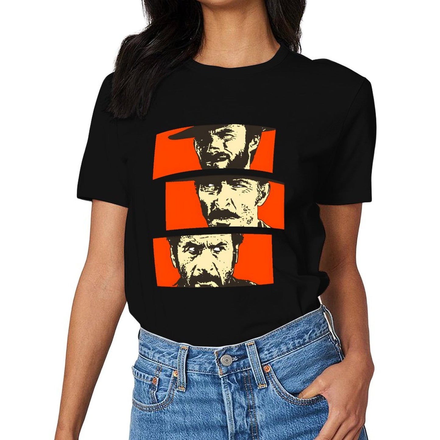Inkmay Casual Cotton T-shirt Bold Orange Background With Face Prints Unisex T-shirtPocket Tee Relaxed T-Shirt