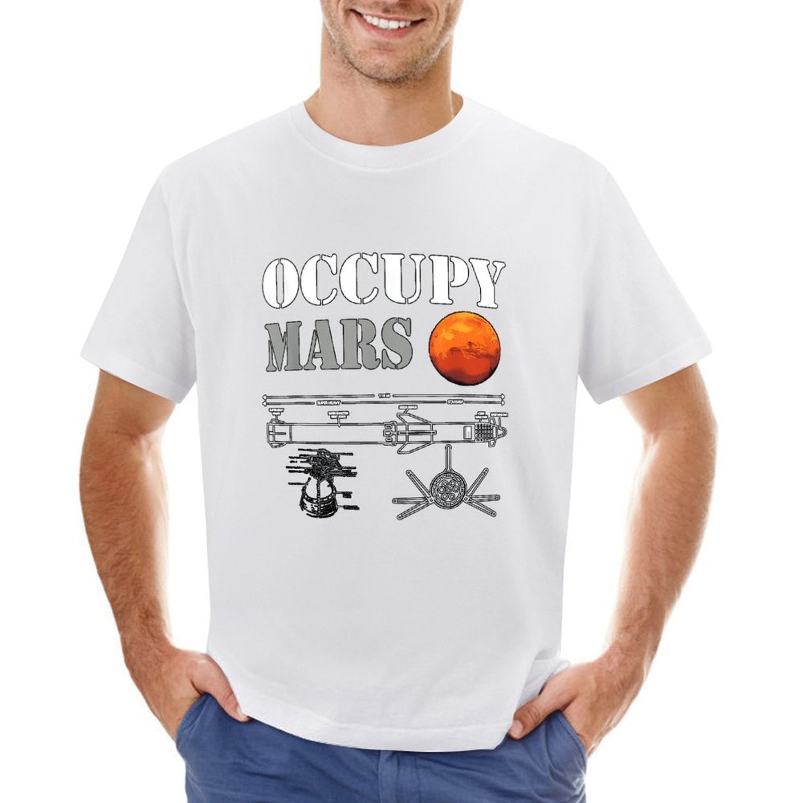 Inkmay Casual  Cotton T-shirt Occupy Mars Blueprint Design Art Print Unisex T-shirtHeavyweight ActiveWear T-Shirt