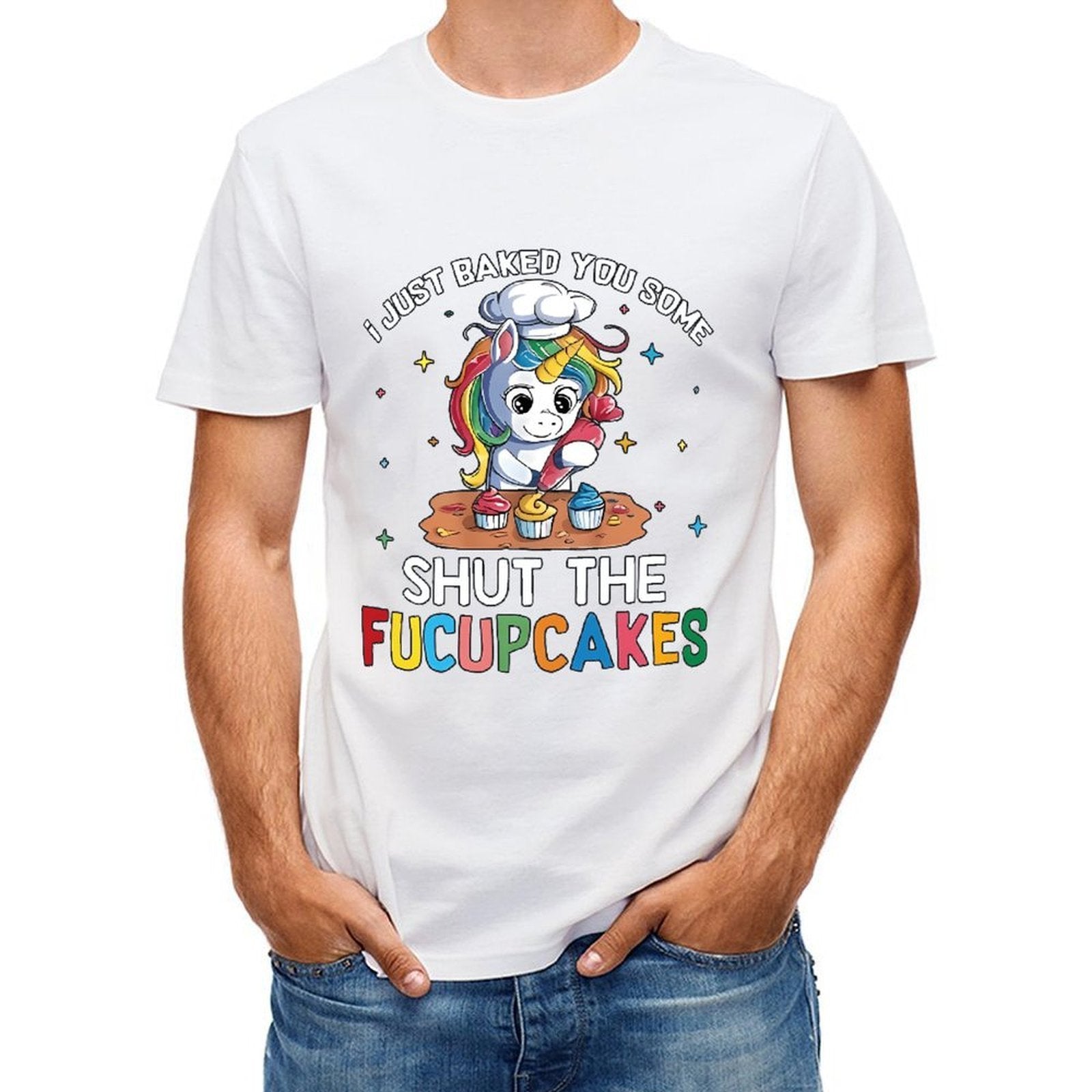 Inkmay Casual Cotton T-shirt Cute Unicorn Baking Cupcakes On Table Unisex T-shirtLong Lasting Performance T-Shirt