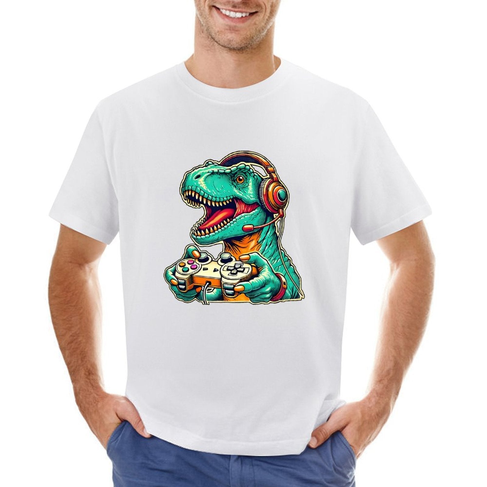 Inkmay Casual  Cotton T-shirt Gaming Dinosaur With Headphones And Unisex T-shirt100% Cotton Daily T-Shirt